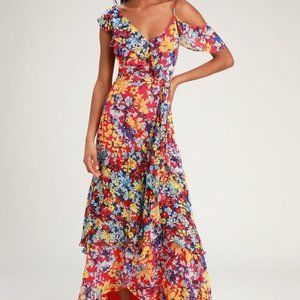 Lulu's Radiant Ruby Red Floral Print Chiffon Maxi Dress